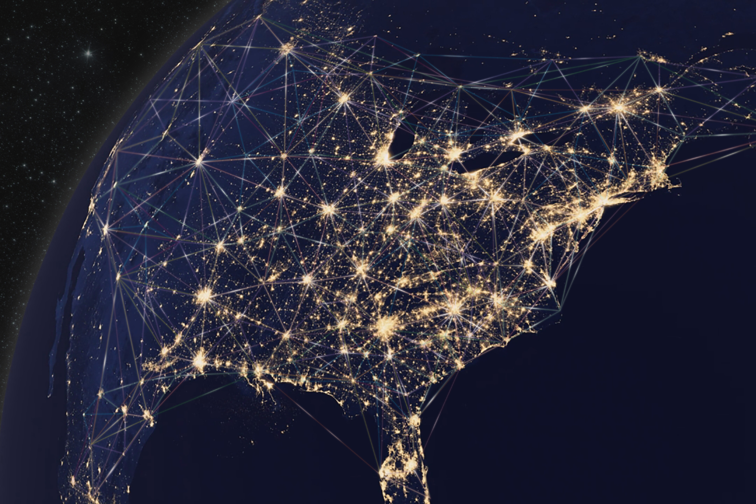 3D illustration of USA (North America) from space with city lights