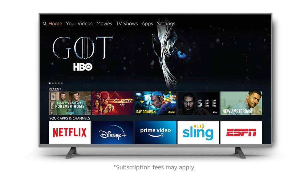 Television displaying Amazon Fire TV home screen