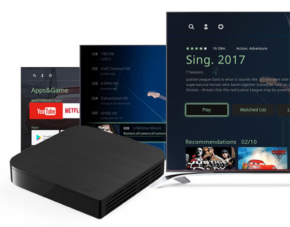 Kaon set top box and screens showing multiple TV apps