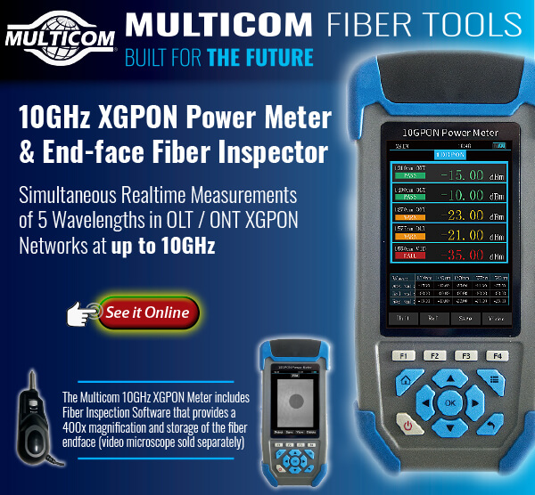 Multicom 10GHz XGPON Power Meter & End-face Fiber inspector graphic and info sheet